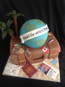 A chocolate brown suit cakes with round globe cake on top, palm trees, flags, passport and tickets to represent travel